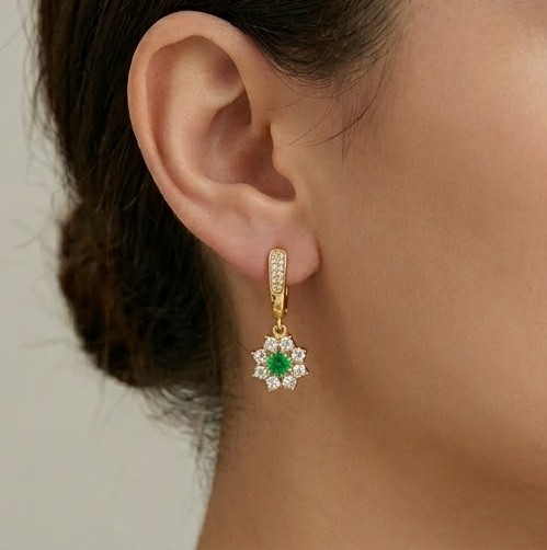 925 Sterling Silver Green Floral Drop Earrings Jewellery in Gold Finish