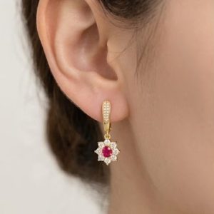 925 Sterling Silver Red Floral Drop Earrings Jewellery in Gold Finish