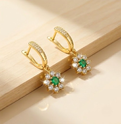 925 Sterling Silver Green Floral Drop Earrings Jewellery in Gold Finish