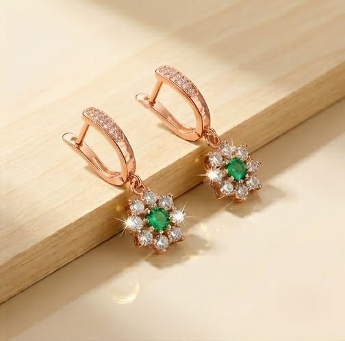 925 Sterling Silver Green Floral Drop Earrings Jewellery in Rose Gold Finish
