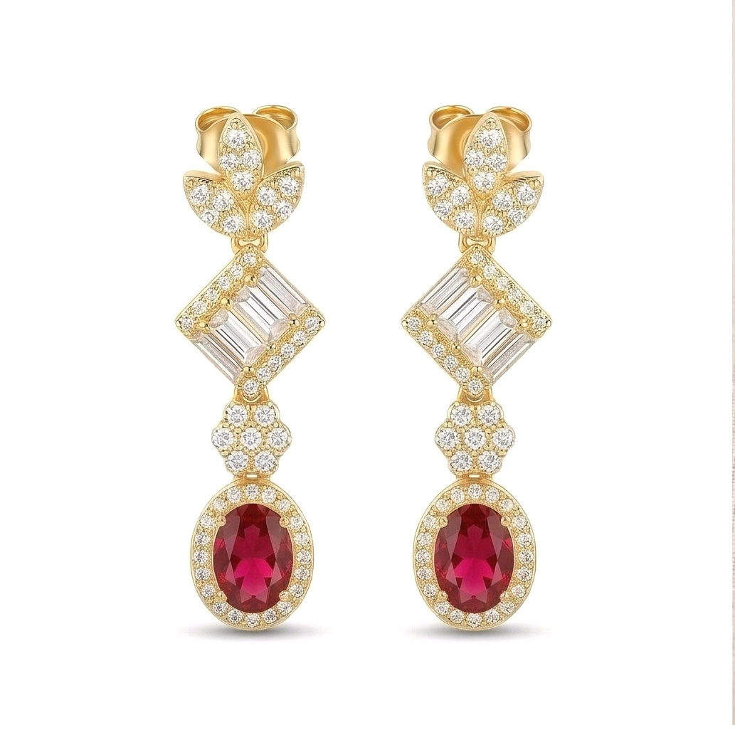 925 Sterling Silver Red Statement Dangle Earrings Jewellery in Gold Finish