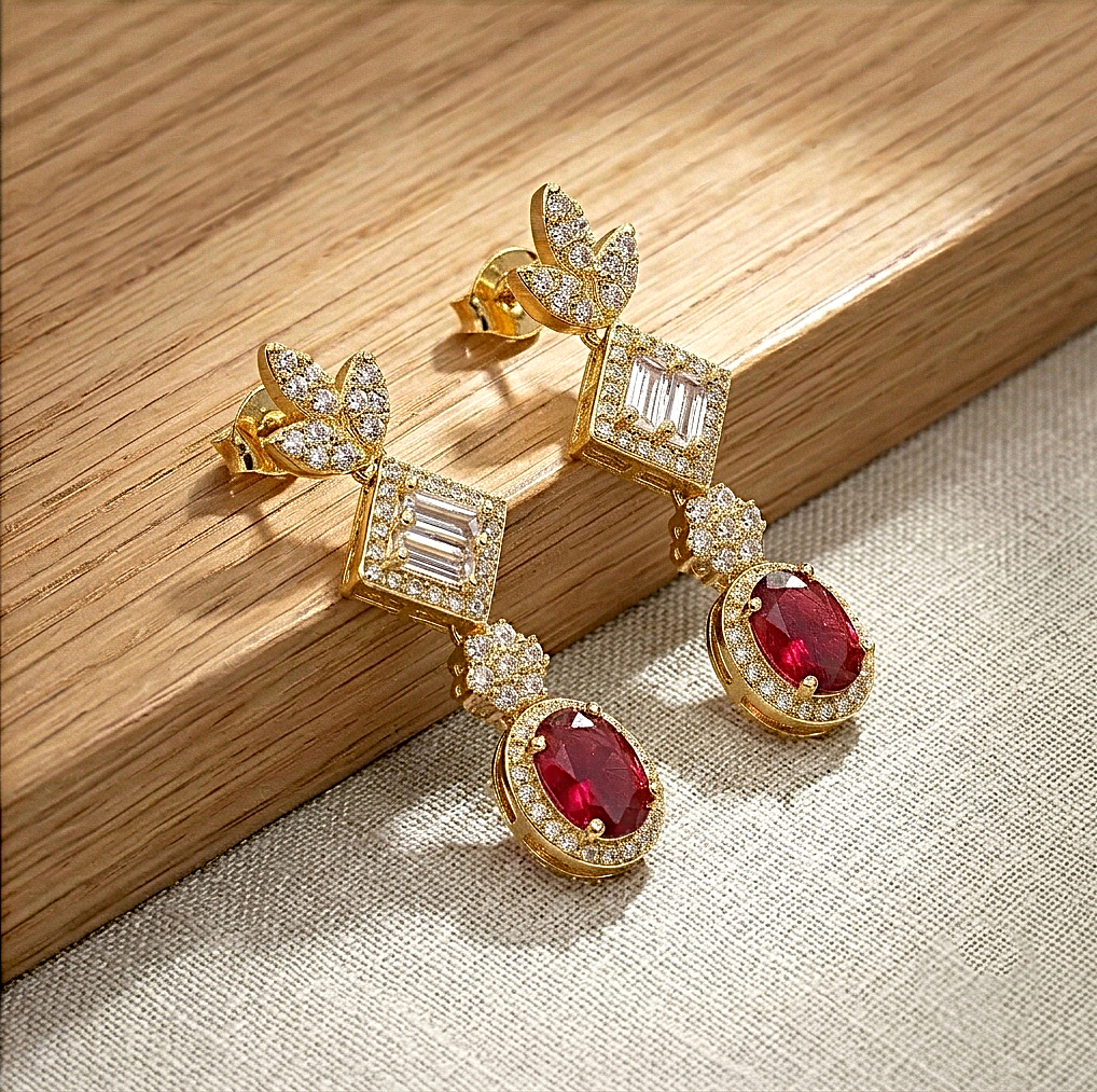 925 Sterling Silver Red Statement Dangle Earrings Jewellery in Gold Finish