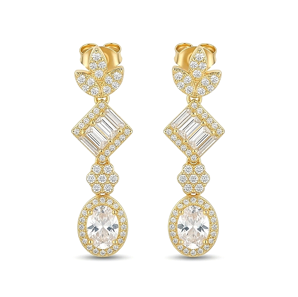 925 Sterling Silver Clear Statement Dangle Earrings Jewellery in Gold Finish