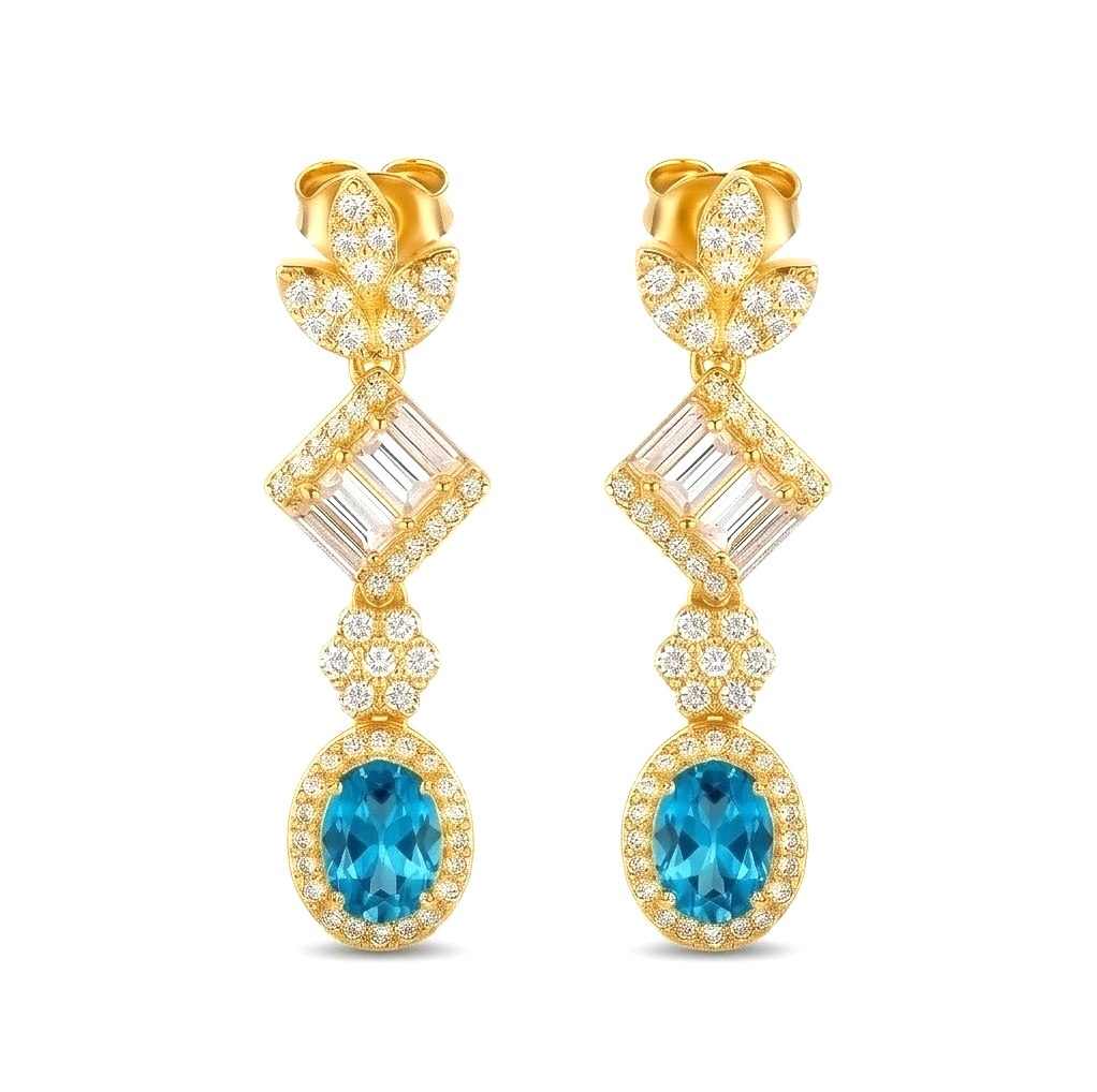 925 Sterling Silver Blue Statement Dangle Earrings Jewellery in Gold Finish