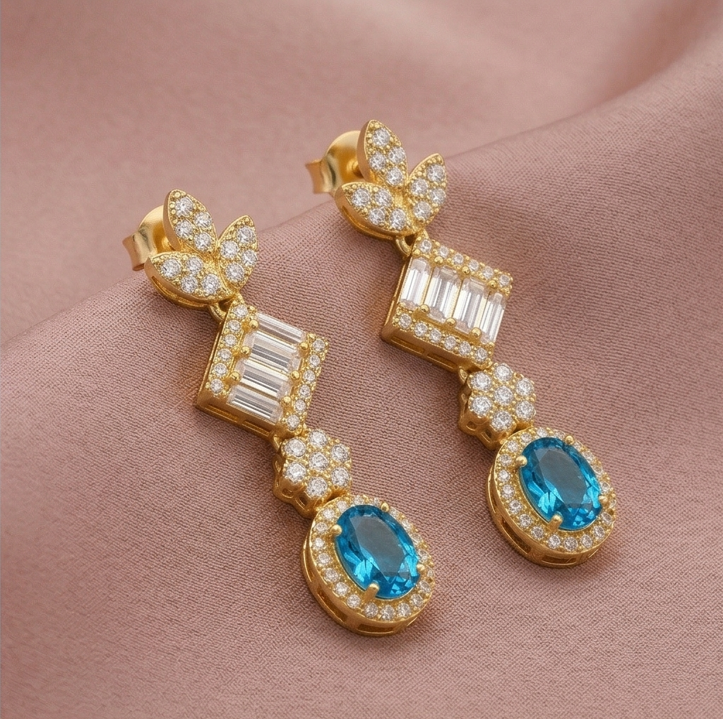 925 Sterling Silver Blue Statement Dangle Earrings Jewellery in Gold Finish