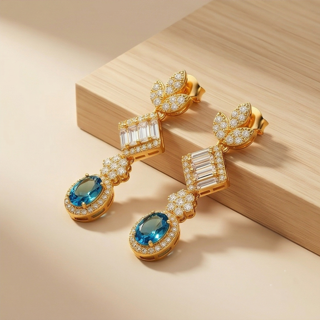 925 Sterling Silver Blue Statement Dangle Earrings Jewellery in Gold Finish