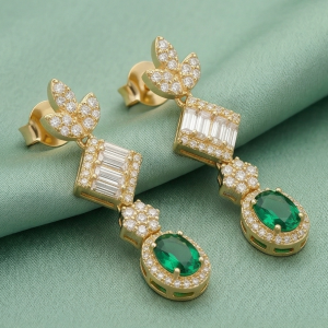 925 Sterling Silver Yellow Gold Plated Emerald Green Drop Earrings for Women Elegant Jewellery