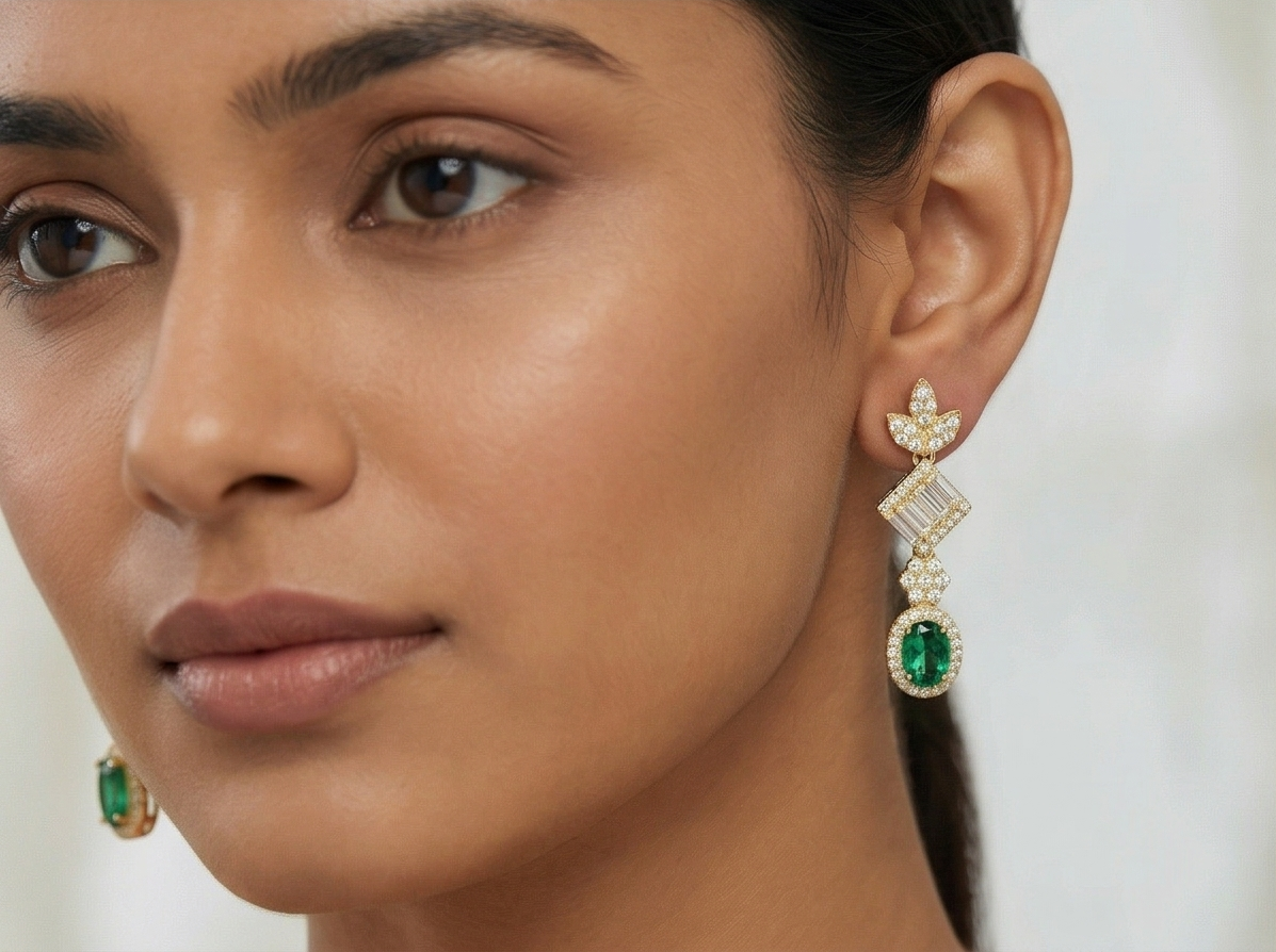 925 Sterling Silver Yellow Gold Plated Emerald Green Drop Earrings for Women Elegant Jewellery