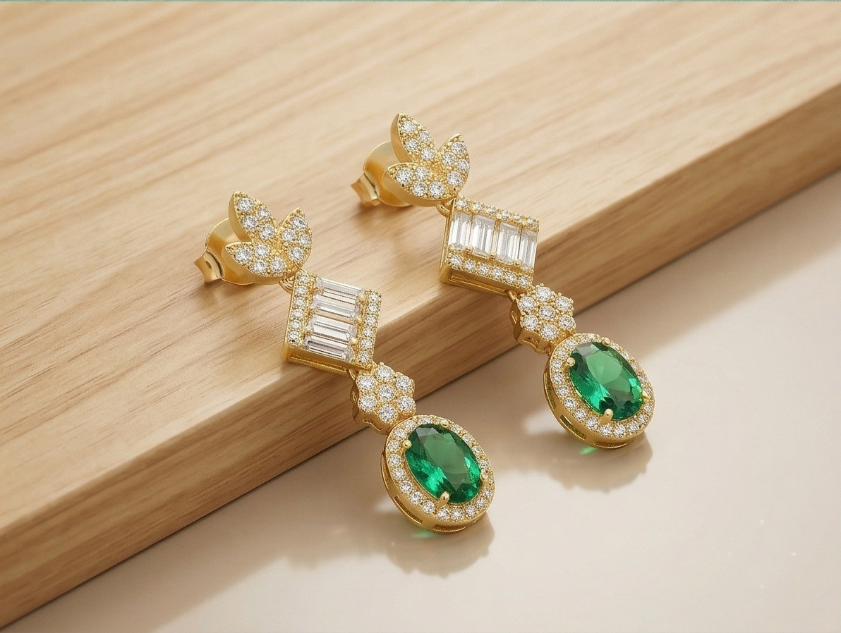 925 Sterling Silver Yellow Gold Plated Emerald Green Drop Earrings for Women Elegant Jewellery