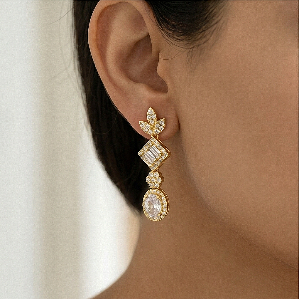 925 Sterling Silver Clear Statement Dangle Earrings Jewellery in Gold Finish
