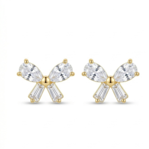 925 Sterling Silver Yellow Gold Plated Bow Stud Earrings for Women Fashion Jewellery