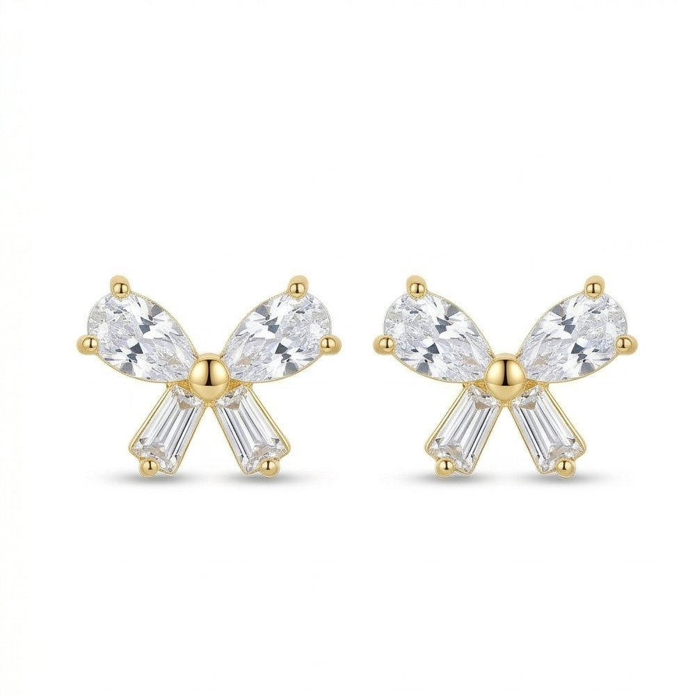 925 Sterling Silver Yellow Gold Plated Bow Stud Earrings for Women Fashion Jewellery