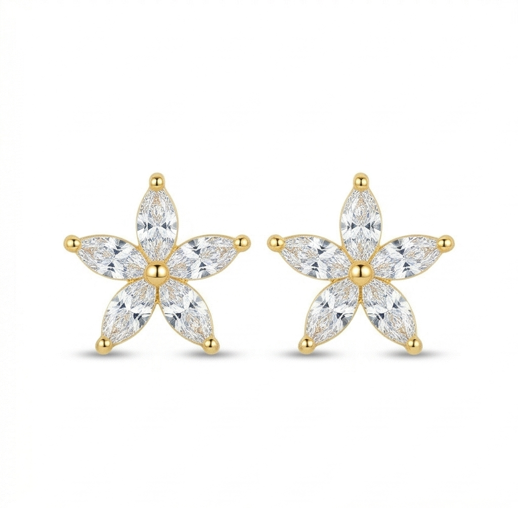 925 Sterling Silver Yellow Gold Plated Floral Stud Earrings for Women Everyday Jewellery