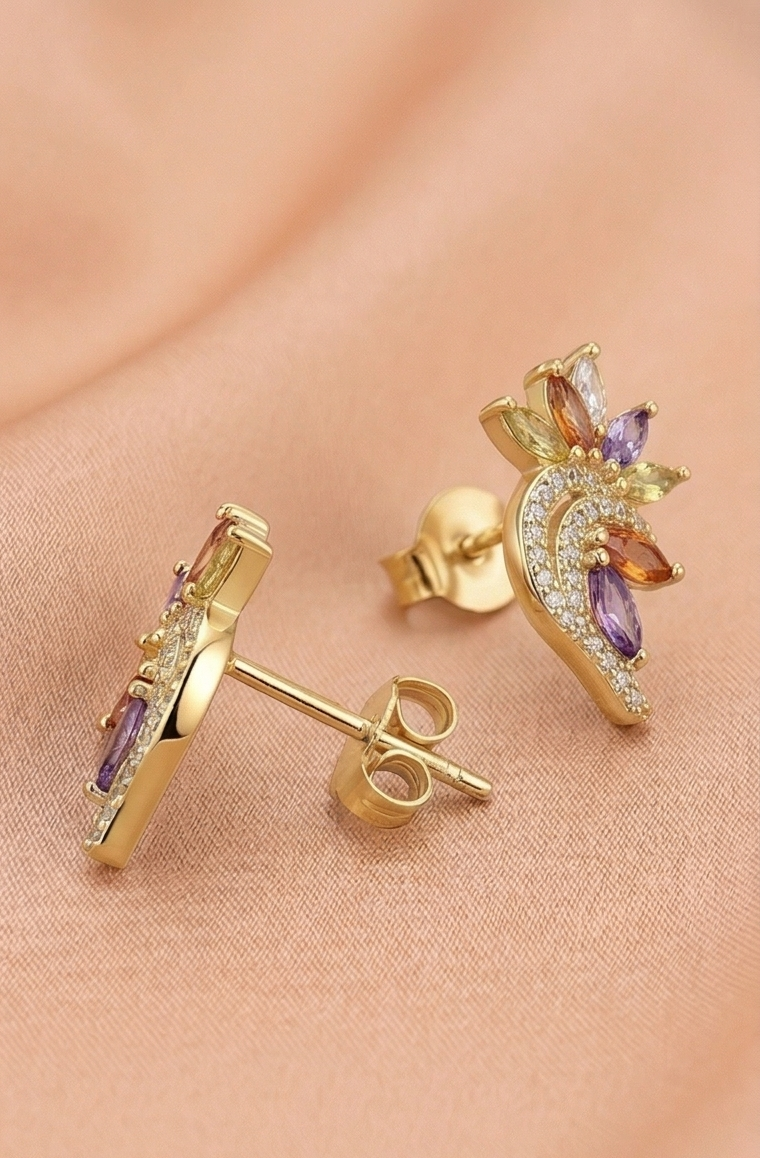 925 Sterling Silver Yellow Gold Plated Multi-Color Floral Stud Earrings for Women Festive Jewellery