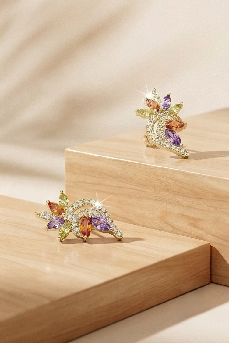 925 Sterling Silver Yellow Gold Plated Multi-Color Floral Stud Earrings for Women Festive Jewellery