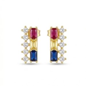 925 Sterling Silver Yellow Gold Plated Geometric Multi-Color Stud Earrings for Women Contemporary Jewellery