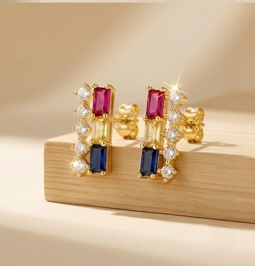 925 Sterling Silver Yellow Gold Plated Geometric Multi-Color Stud Earrings for Women Contemporary Jewellery