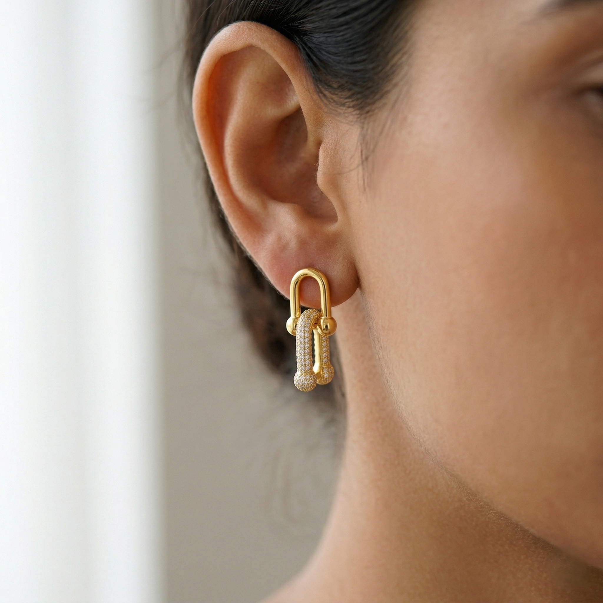 925 Sterling Silver Yellow Gold Plated U-Link Pavé Drop Earrings for Women Modern Jewellery