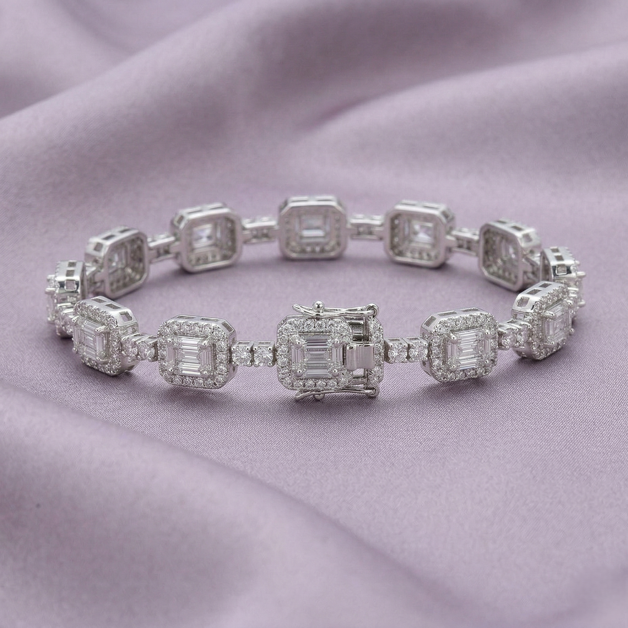 925 Sterling Silver Radiant Halo Link Bracelet High Polish Rhodium Finish Jewellery