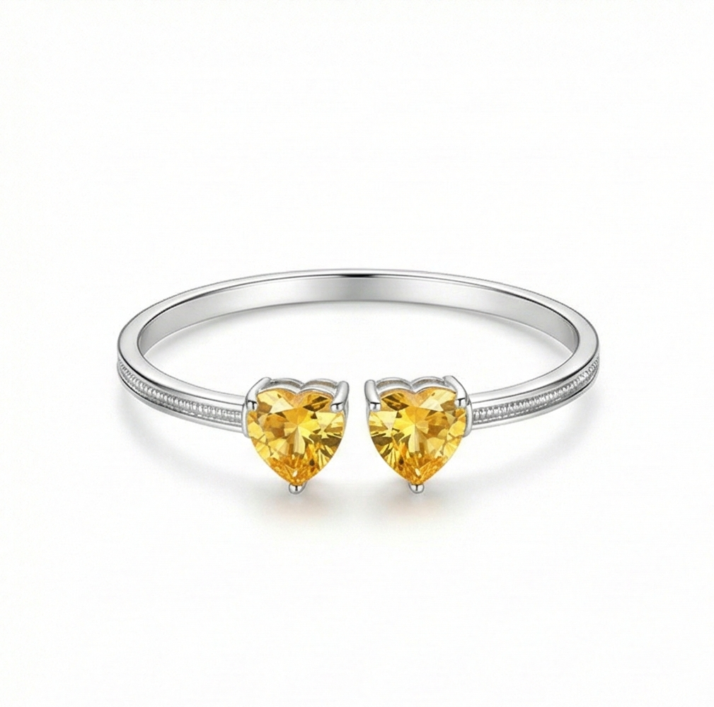 925 Sterling Silver Open Cuff Amber Heart Bracelet High Polish Rhodium Finish Jewellery