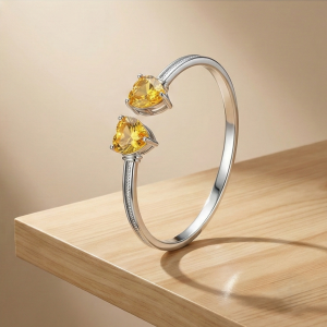 925 Sterling Silver Open Cuff Amber Heart Bracelet High Polish Rhodium Finish Jewellery