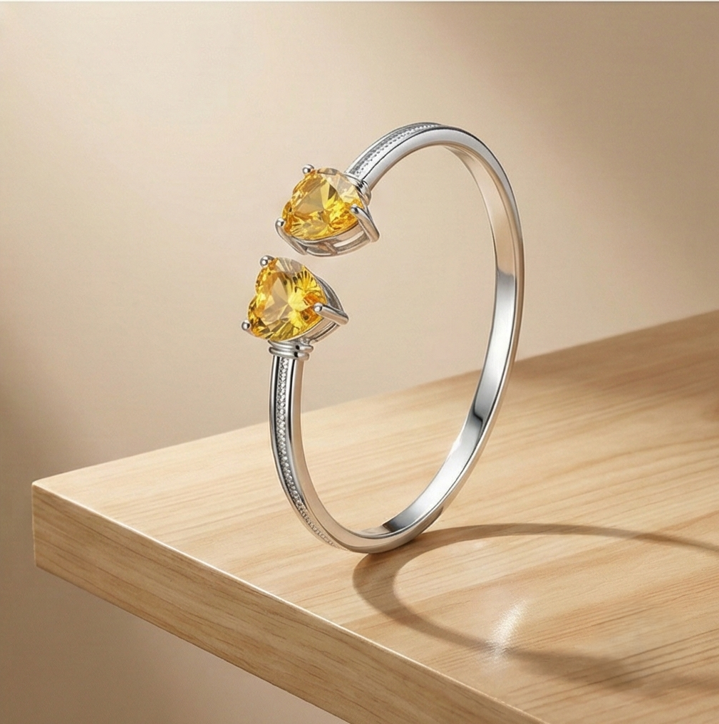 925 Sterling Silver Open Cuff Amber Heart Bracelet High Polish Rhodium Finish Jewellery