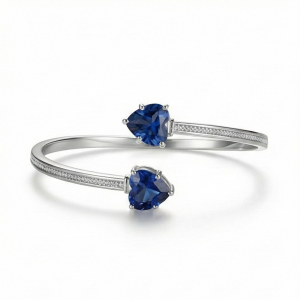 925 Sterling Silver Blue Heart Cuff Bracelet High Polish Rhodium Finish Jewellery