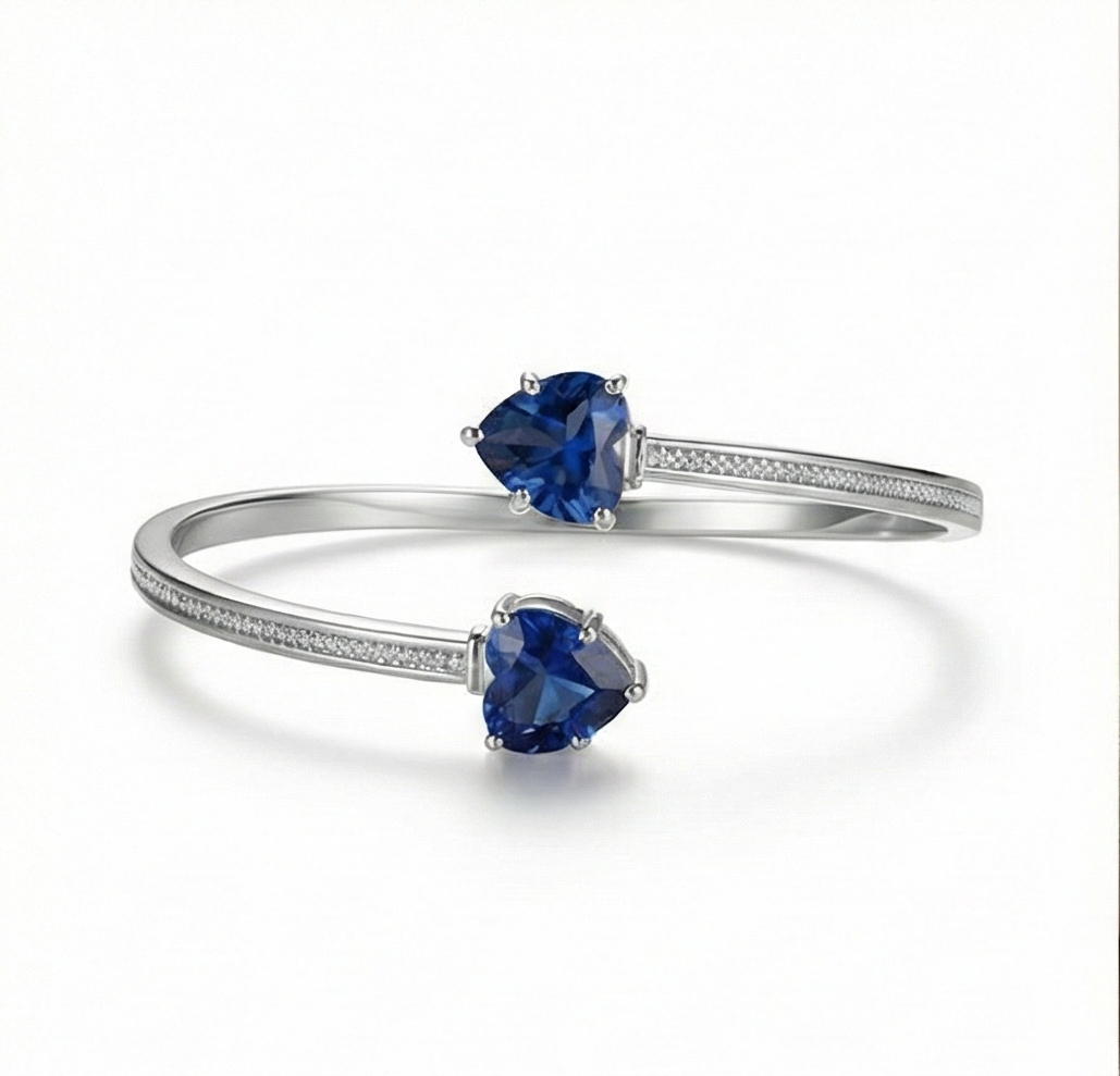 925 Sterling Silver Blue Heart Cuff Bracelet High Polish Rhodium Finish Jewellery