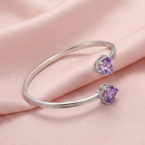 925 Sterling Silver Purple Heart Cuff Bracelet High Polish Rhodium Finish Jewellery