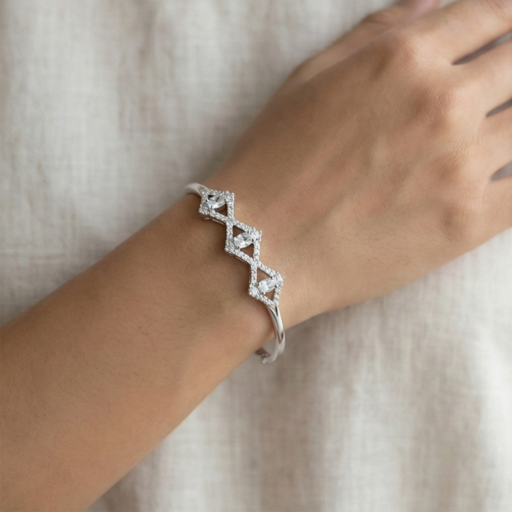 925 Sterling Silver Geometric Rhombus Kada Bracelet High Polish Rhodium Finish Statement Jewellery