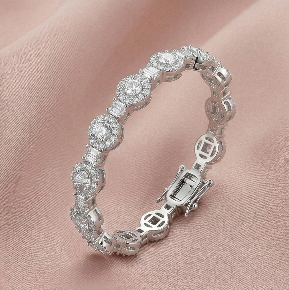 925 Sterling Silver Halo Link Hinged Kada Bracelet High Polish Rhodium Finish Bridal Jewellery