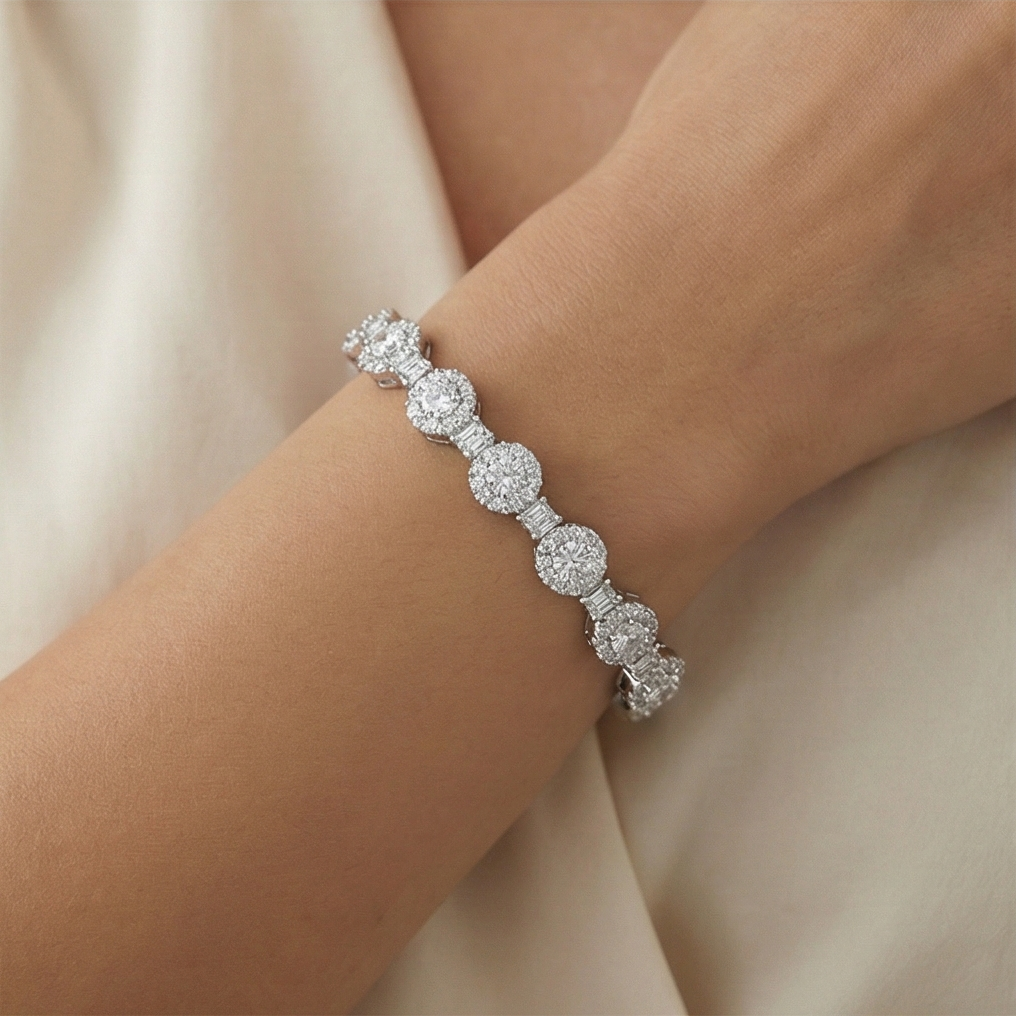 925 Sterling Silver Halo Link Hinged Kada Bracelet High Polish Rhodium Finish Bridal Jewellery