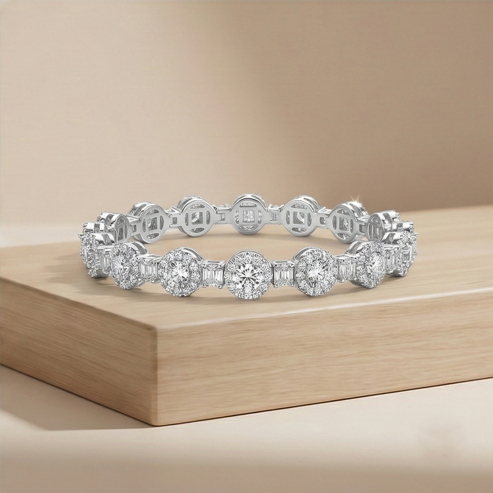 925 Sterling Silver Halo Link Hinged Kada Bracelet High Polish Rhodium Finish Bridal Jewellery