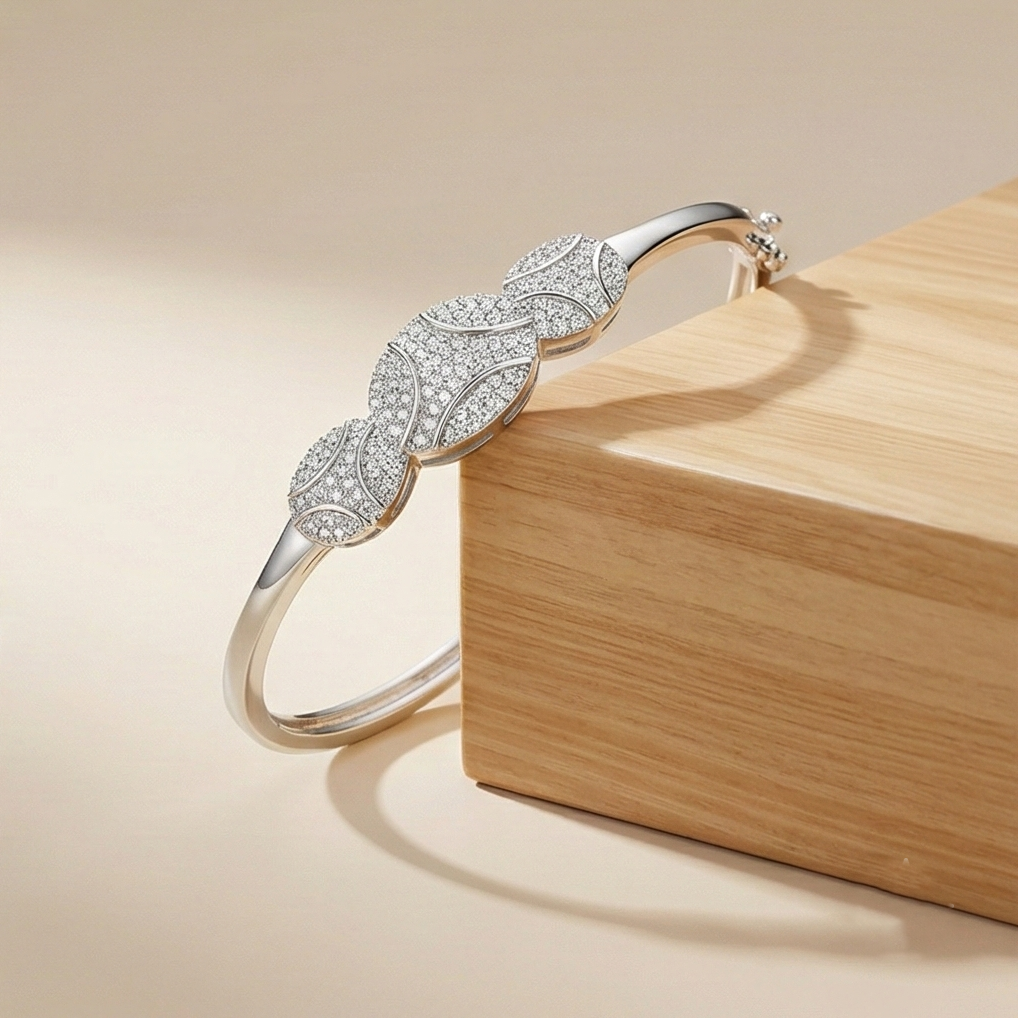 925 Sterling Silver Overlapping Oval Kada Bangle Bracelet High Polish Rhodium Finish Elegant Jewellery