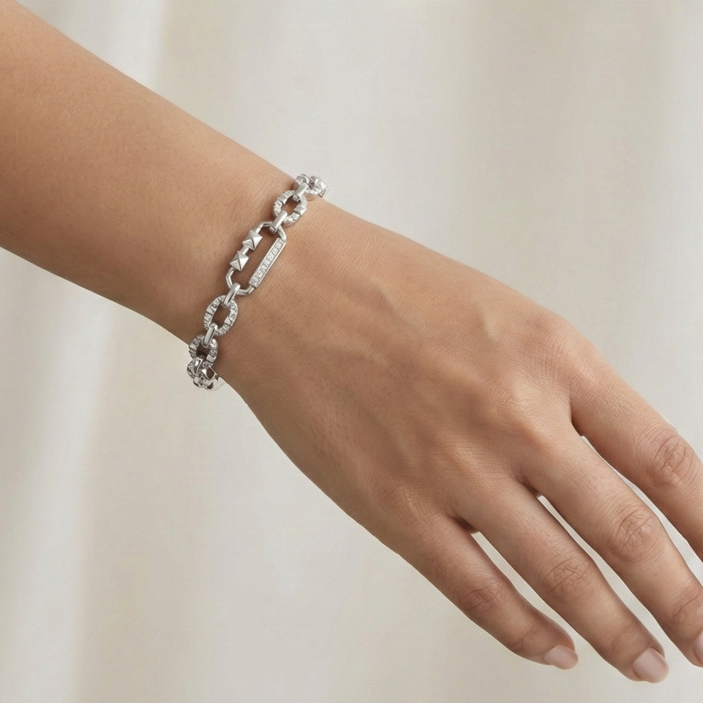 925 Sterling Silver Chain Link Kada Bracelet High Polish Rhodium Finish Contemporary Jewellery
