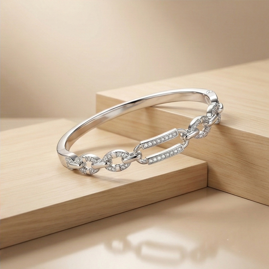 925 Sterling Silver Chain Link Kada Bracelet High Polish Rhodium Finish Contemporary Jewellery