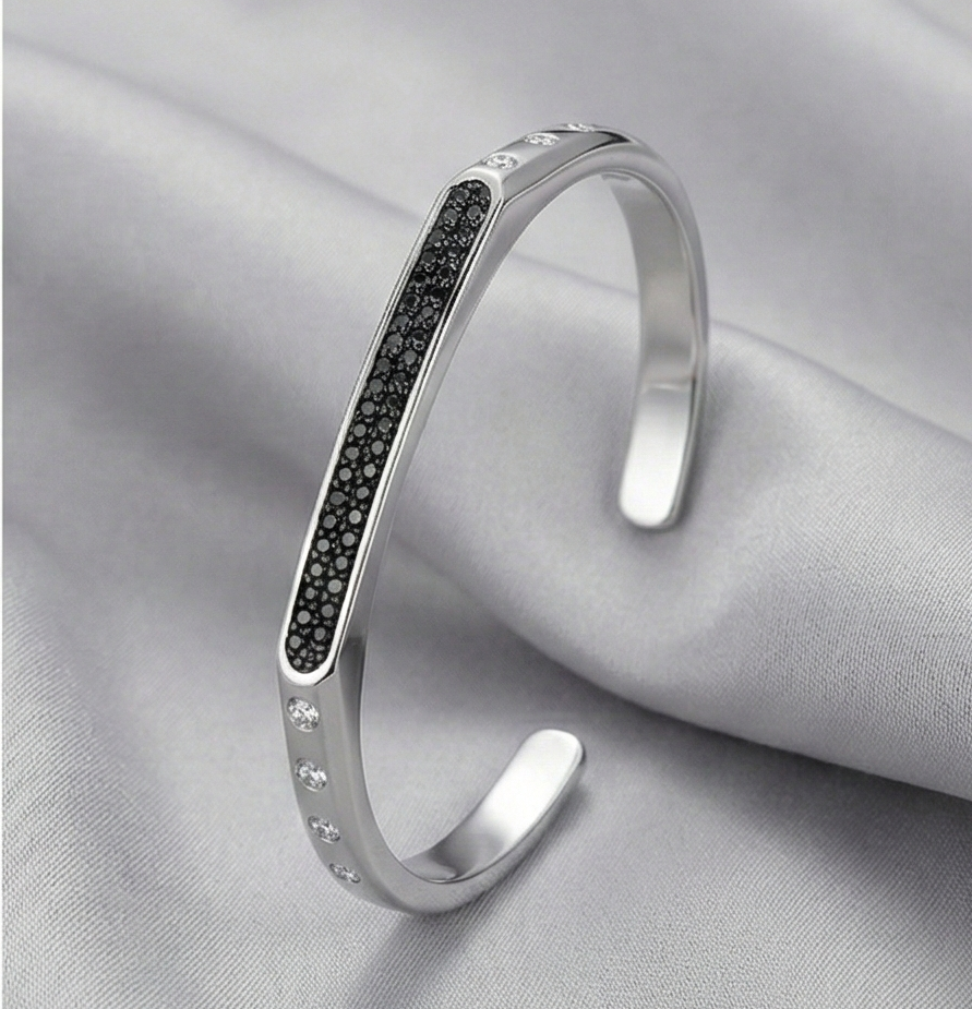 925 Sterling Silver Contrast Black Detail Open Cuff Bracelet High Polish Rhodium Finish Fashion Jewellery