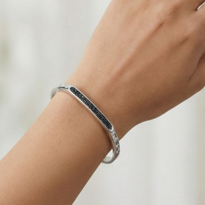 925 Sterling Silver Contrast Black Detail Open Cuff Bracelet High Polish Rhodium Finish Fashion Jewellery