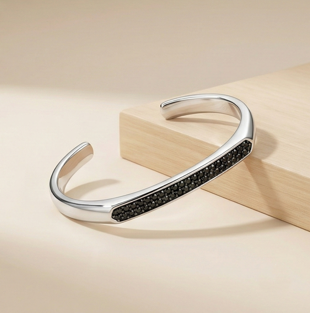 925 Sterling Silver Black Stone Open Cuff Bracelet High Polish Rhodium Finish Statement Jewellery