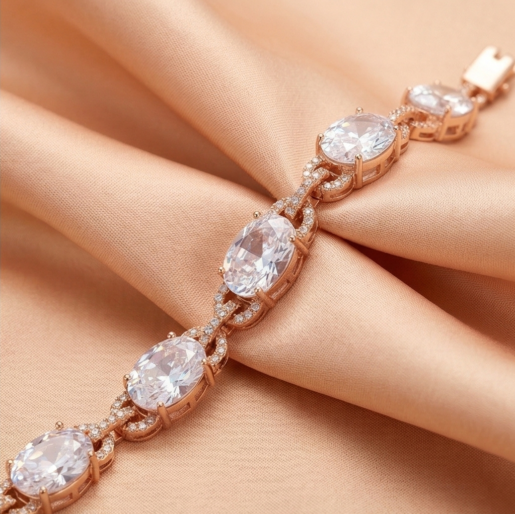 925 Sterling Silver Rose Gold Plated Oval Halo Link Premium Bracelet Jewellery for Women