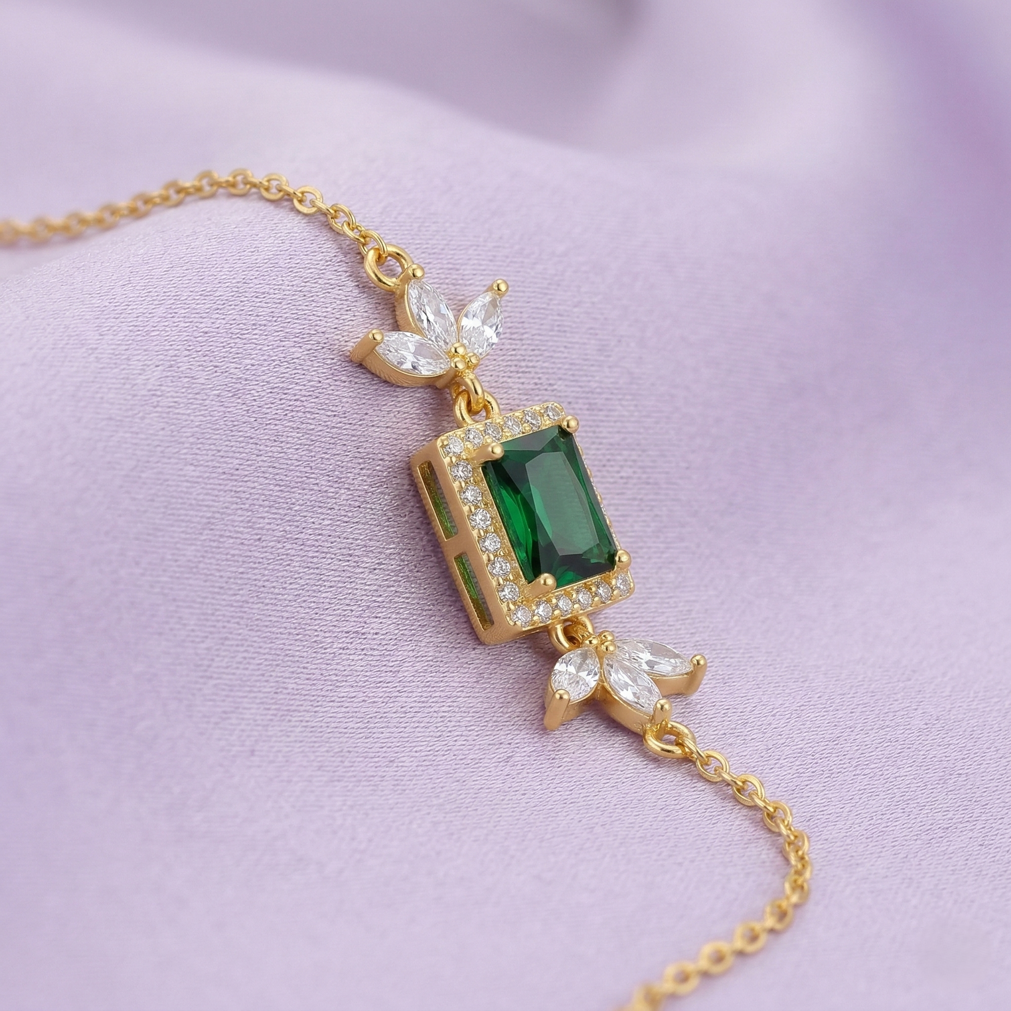 925 Sterling Silver Gold Plated Emerald Green Rectangular Floral Chain Bracelet Premium Jewellery for Women