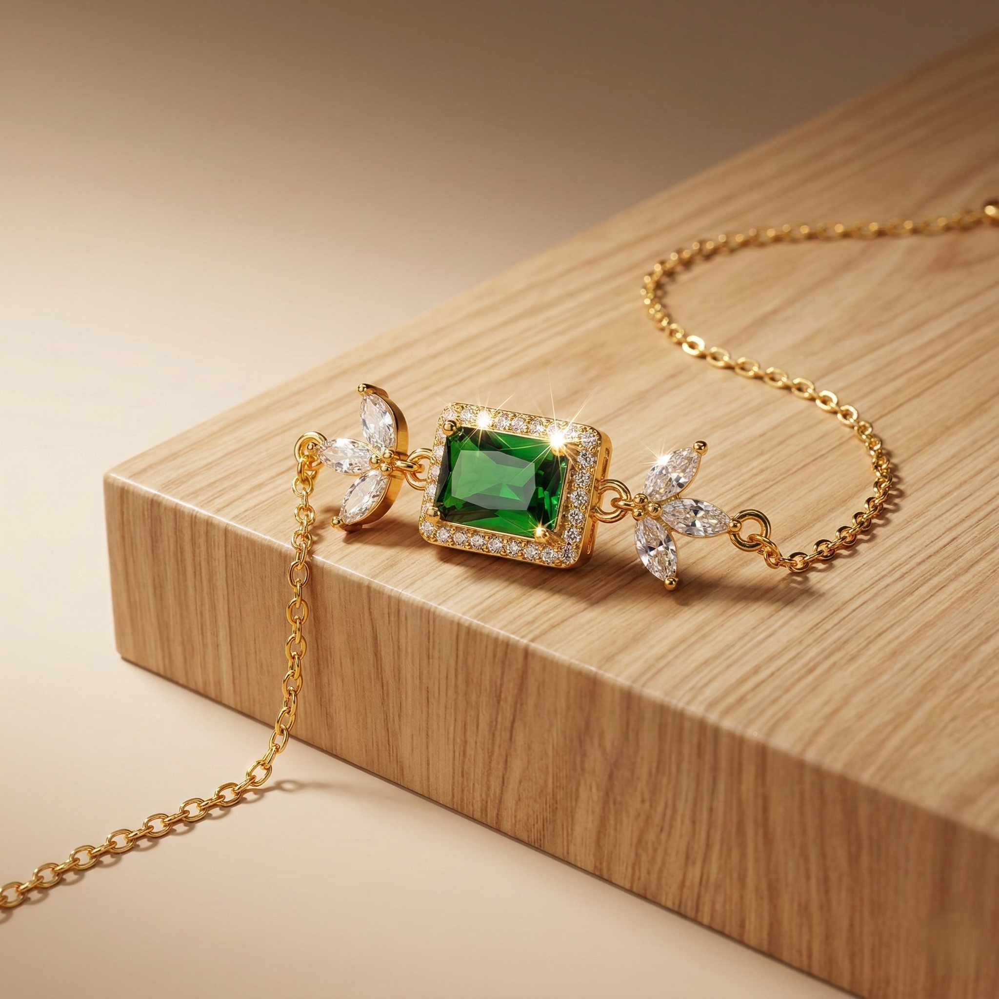 925 Sterling Silver Gold Plated Emerald Green Rectangular Floral Chain Bracelet Premium Jewellery for Women