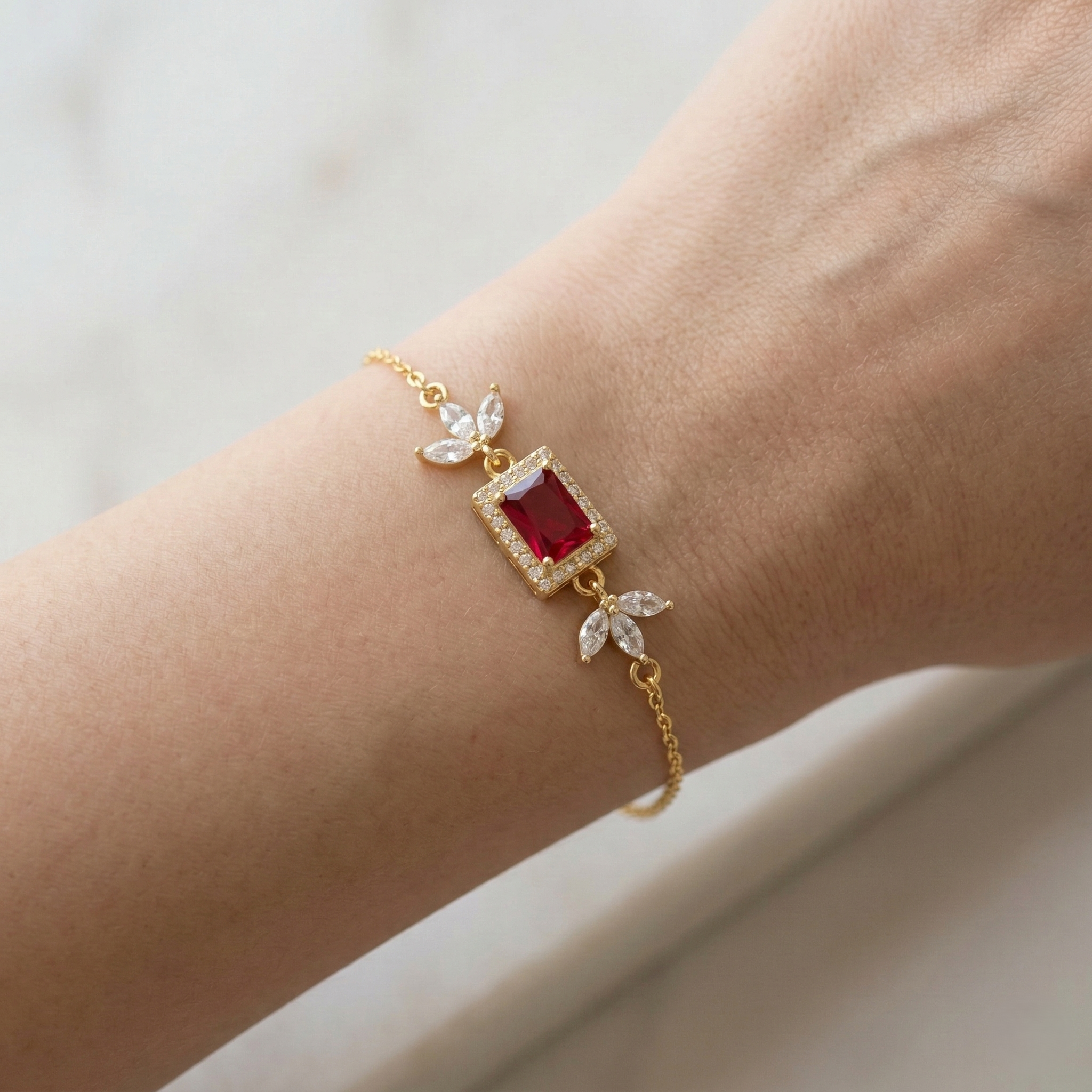 925 Sterling Silver Gold Plated Ruby Red Rectangular Floral Chain Bracelet Premium Jewellery for Women