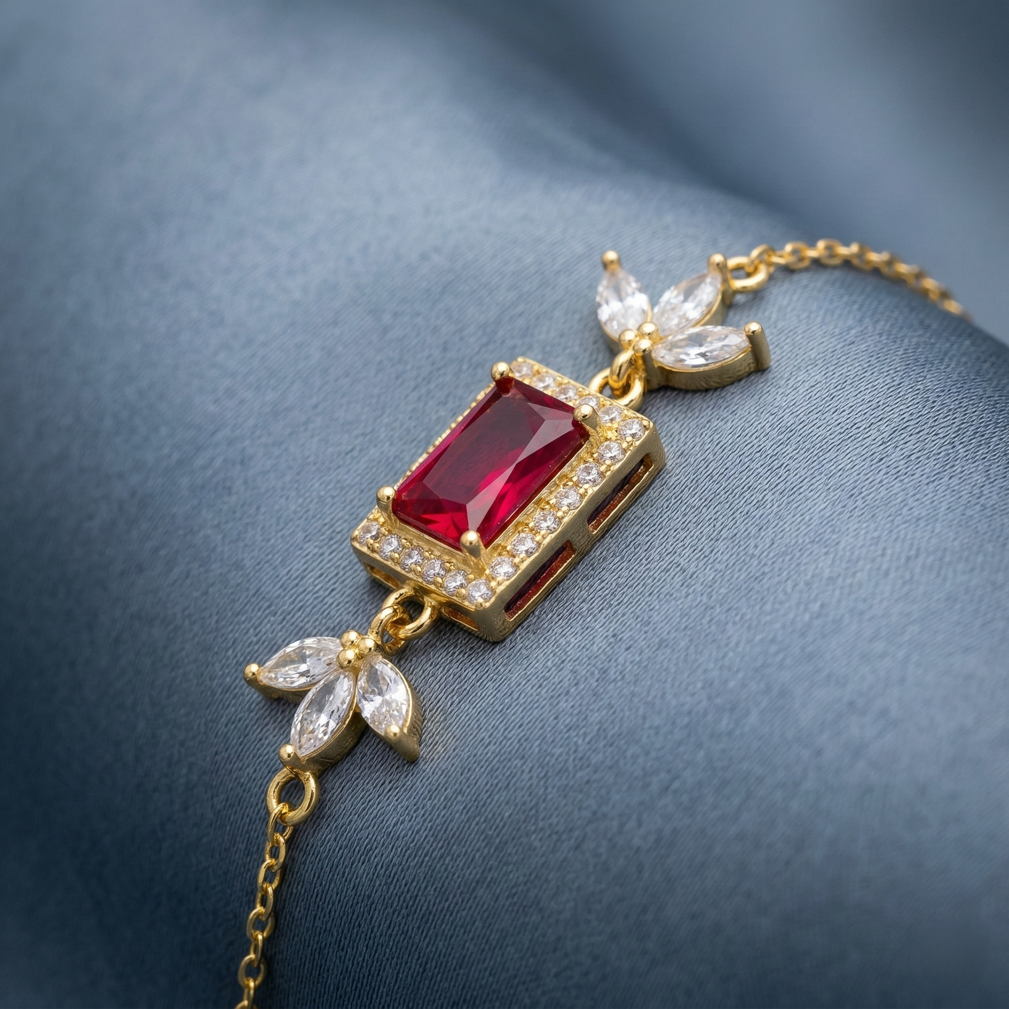 925 Sterling Silver Gold Plated Ruby Red Rectangular Floral Chain Bracelet Premium Jewellery for Women