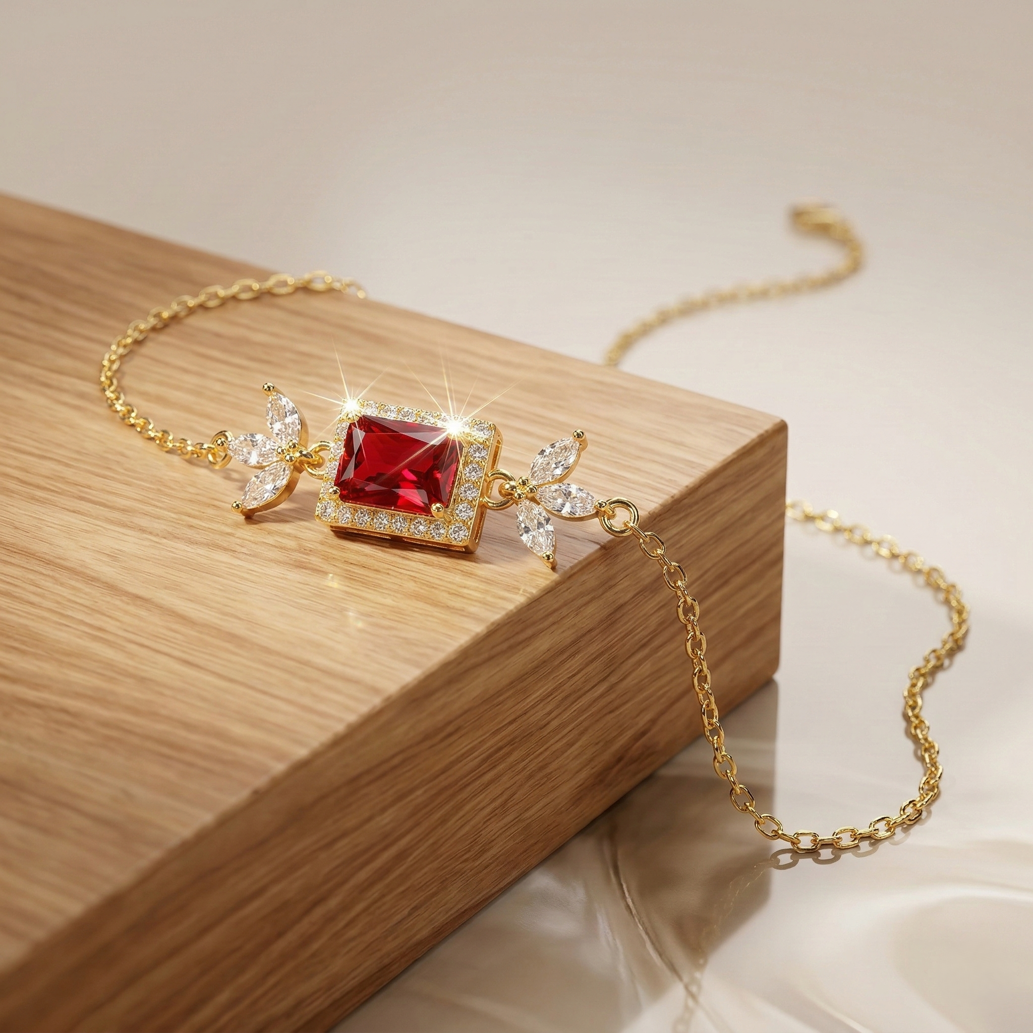 925 Sterling Silver Gold Plated Ruby Red Rectangular Floral Chain Bracelet Premium Jewellery for Women