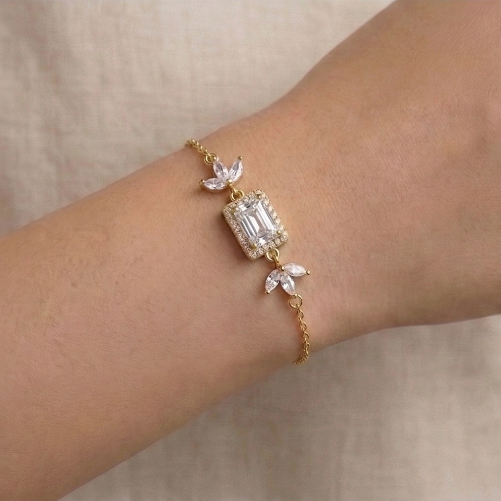 925 Sterling Silver Gold Plated Rectangular Floral Chain Bracelet Premium Jewellery for Women