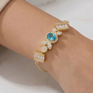 925 Sterling Silver Gold Plated Aquamarine Blue Vintage Inspired Chain Bracelet Premium Jewellery for Women