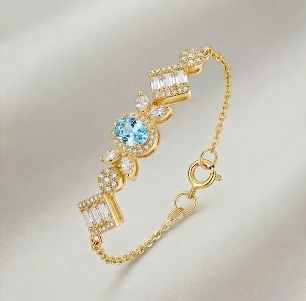 925 Sterling Silver Gold Plated Aquamarine Blue Vintage Inspired Chain Bracelet Premium Jewellery for Women
