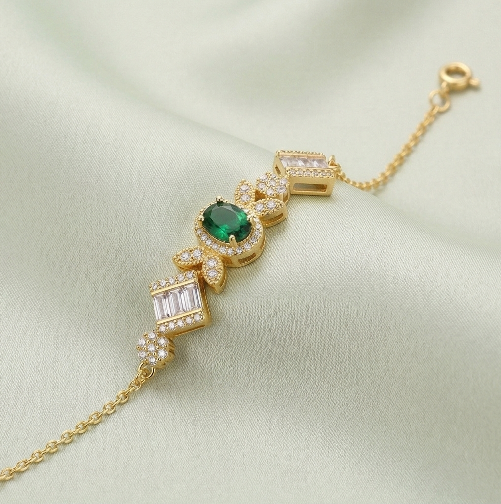 925 Sterling Silver Gold Plated Emerald Green Vintage Inspired Chain Bracelet Premium Jewellery for Women