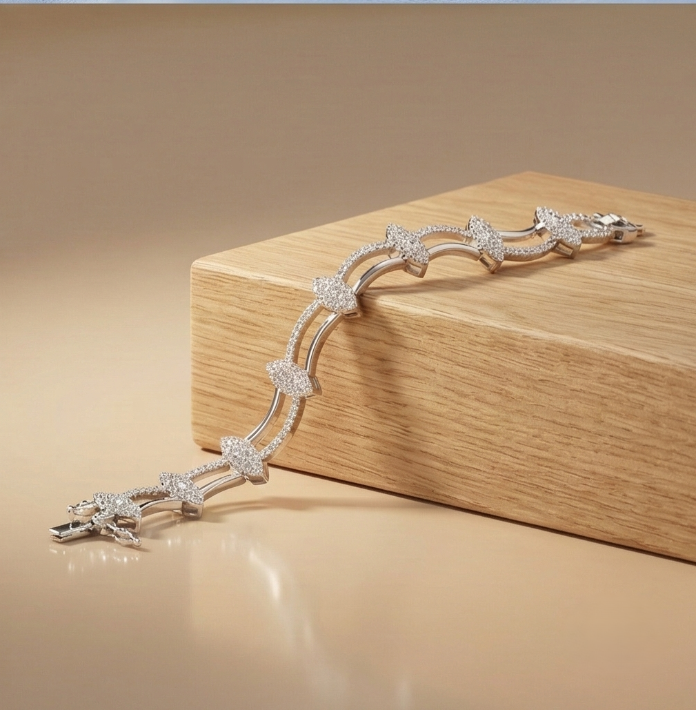 925 Sterling Silver Rhodium Plated Leaf Link Bracelet Premium Jewellery for Women